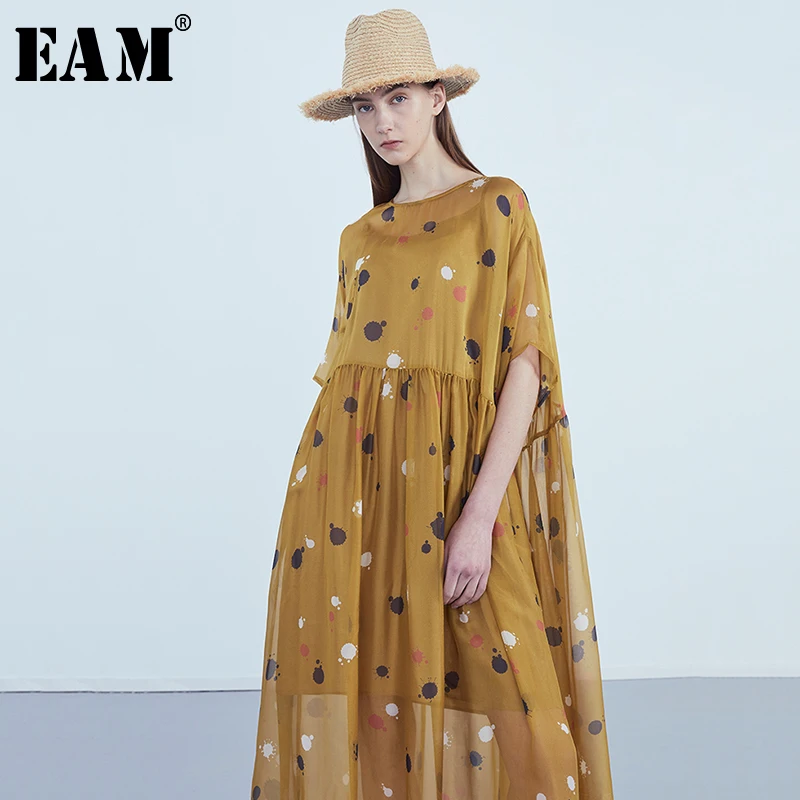 

[EAM] 2019 New Spring Summer Round Neck Shor Sleeve Dot Printed Perspective Loose Big Size Long Dress Women Fashion Tide JT757