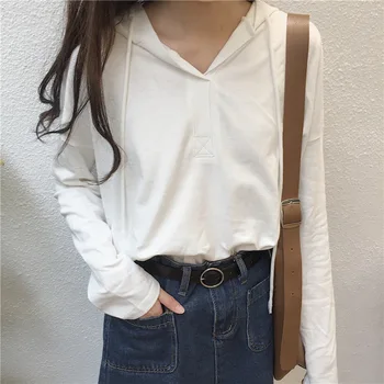 

Korean Solid Color Cap Pulling Rope Long Sleeve Cotton T Shirt Tshirt