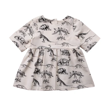 

Half Sleeve Dinosaur Print Buttons Decor Dress For Girls