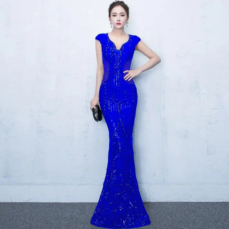 SVKSBEVS Sexy Deep V Neck 2019 Sequined Mermaid Long Dresses Party Short Cap Sleeve Illusion Zipper Back Maxi Dress