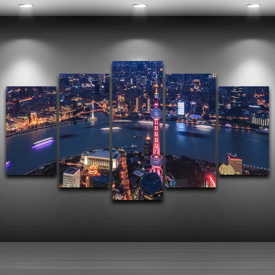 

Modern Canvas Painting Wall Art Pictures 5 Pieces Building City Night View Home Decor Living Room HD Print Poster Framework