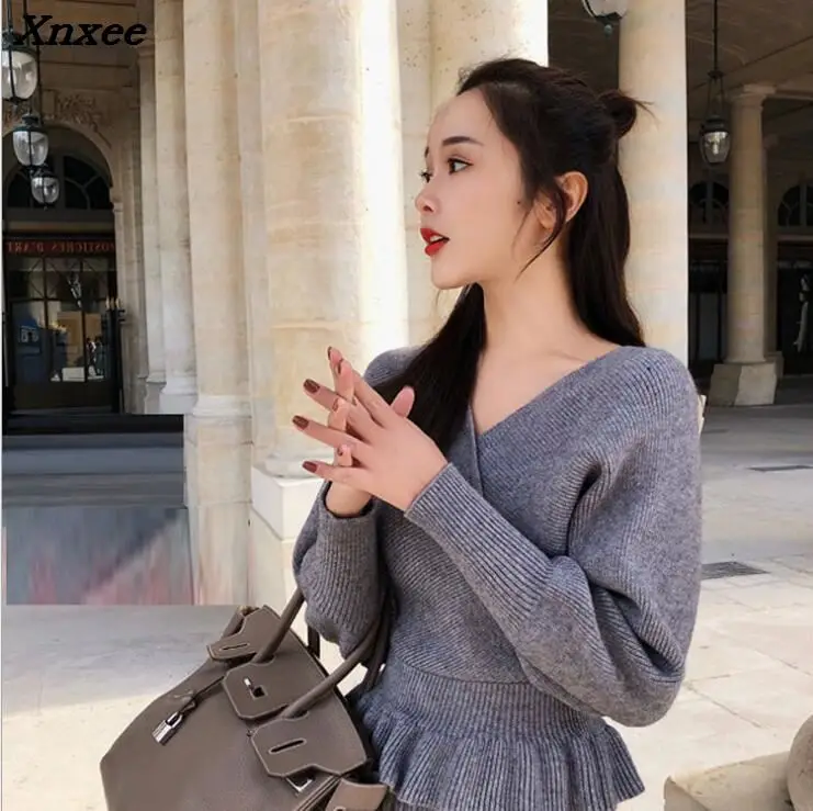 Women's set knitting suit autumn winter ruffled sexy v-neck women sweater + elastic waist pleated skirt two pieces set Xnxee tb pleated skirt women s 22 autumn and winter new knitting wool version half skirt a line high waist jk short skirt women