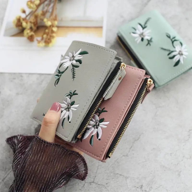 

Synthetic Leather Floral Embroidery Short Wallet Women Chic Elegant Zipper Coin Purse Ladies Card Holder Slim Thin Wallet