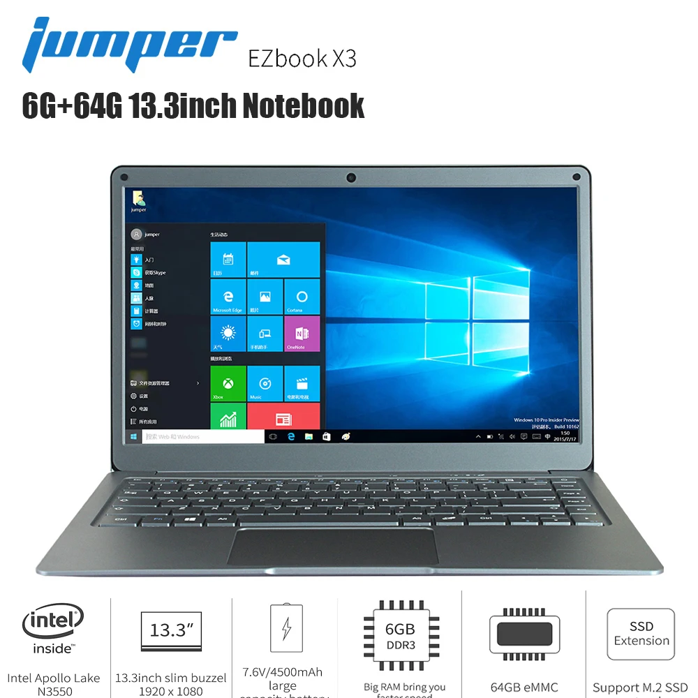 

Original Jumper EZbook X3 Laptop 13.3 inch Windows 10 Intel Apollo Lake N3350 Quad Core 1.1GHz 6GB RAM 64GB eMMC HDMI Notebook