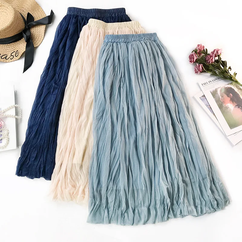 

Woman Spring summer High Waist Pearl color lace Tulle Pleated Skirt Female Mesh A-line casual loose long tutu Skirts blingbling