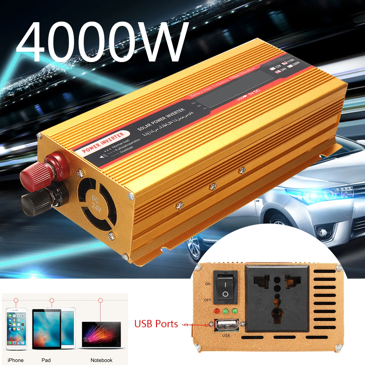 

Voltage Transformer Peak 4000W Car Power Inverter 12/24V To AC 220/110V Converter USB Modified Sine Wave Overload Protection