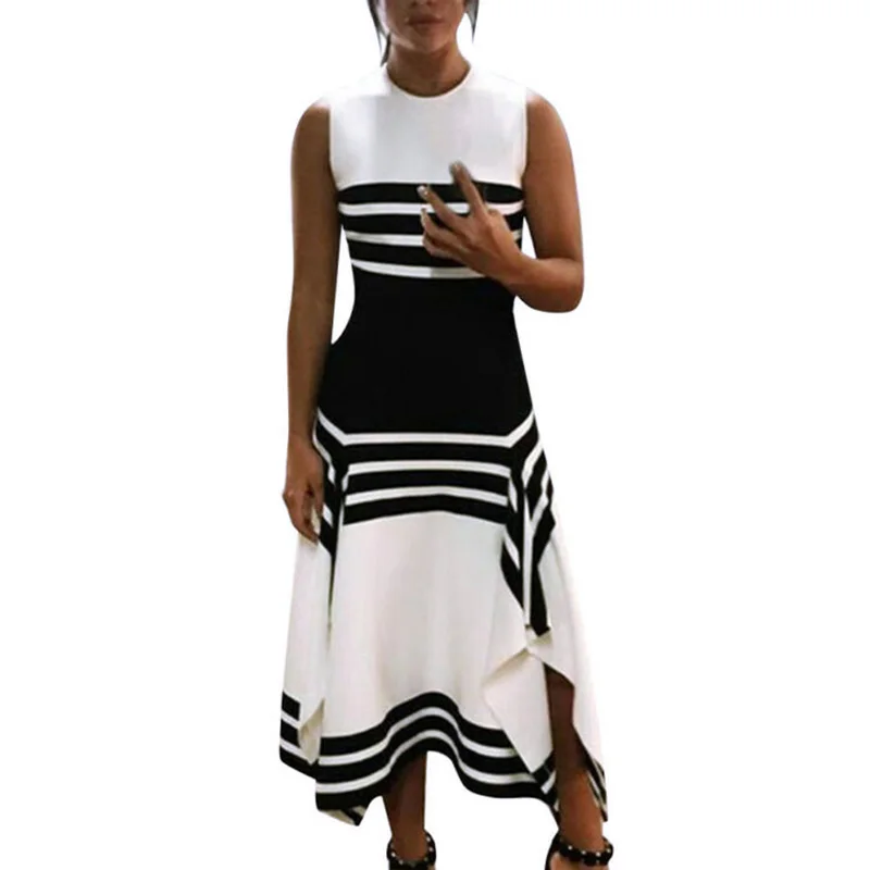 

Ladies Dress Striped Printing Casual Round Neck Sleeveless Midi Summer Retro