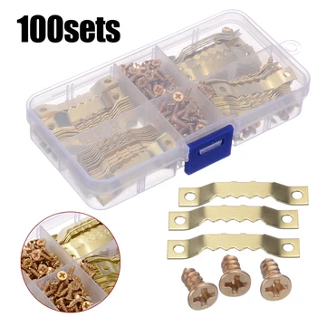 

100 Sets 45*8mm Gold Saw Tooth Hangers Hanging Canvas Picture Photo Wall Oil Painting Mirror Saw Tooth Hooks with Screws