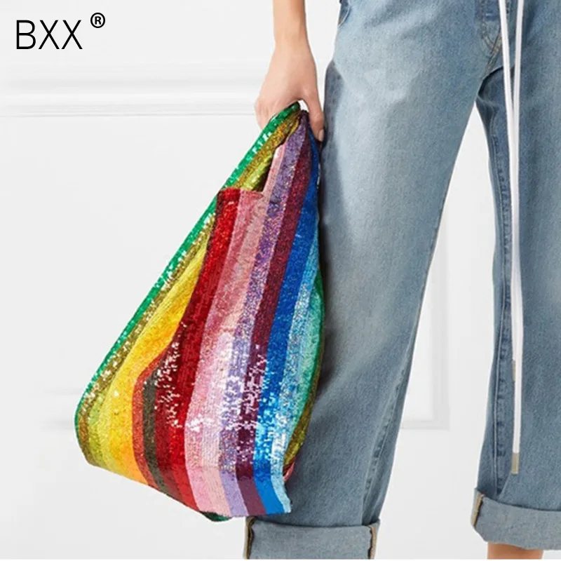 

[BXX] Women Hand Package Striped Sequined 2019 New Fashion Women Soft String Female Bags Simple Handbag WC91109