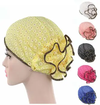 

Women Indian Hat Muslim Floral Print Lace Stretch Turban Cap Chemo Hat Head Scarf Headwrap Islamic Bonnet Ramadan Beanie Fashion