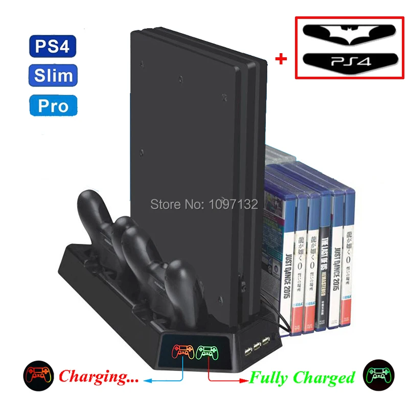 

New for PS4 Pro Slim Console Cooling Fan Cooler Vertical Stand Dual Controller Charger and Game CD Disk Organiser Black