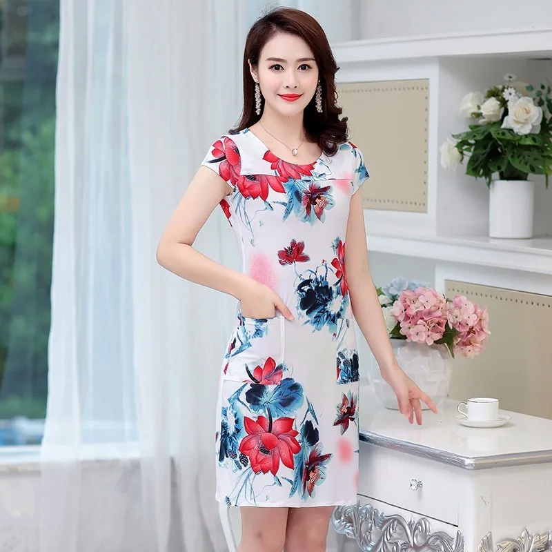 

Free Shipping Mother Print Dress Summer Style Dresses Ladies Elegant Elastic Slim sundress Plus Size For Women