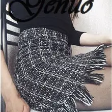 Женская шерстяная мини-юбка осень-зима винтажная прямая клетчатая юбка с кисточками с высокой талией Femininas SK5583