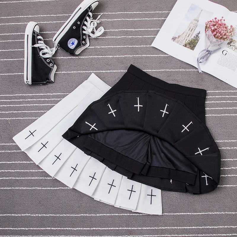 Летняя женская юбка в стиле Харадзюку с вышивкой крестиком в стиле панк, плиссированная мини-юбка для готических девушек