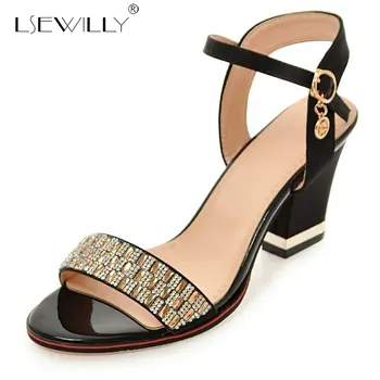 

Lsewilly plus size 32-43 women sandals simple buckle fashion crystal summer shoes casual square high heels shoes woman red E833
