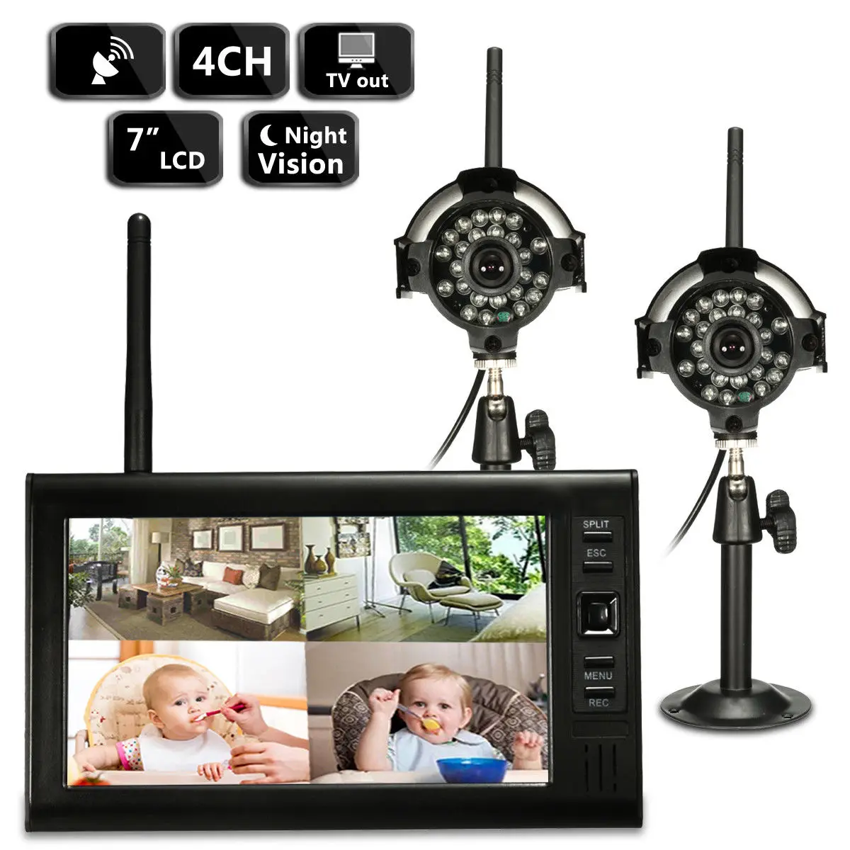 

7inch LCD Monitor DVR with 2 Wireless CCTV Camera Motion Detect Home Security System UK Plug 5V