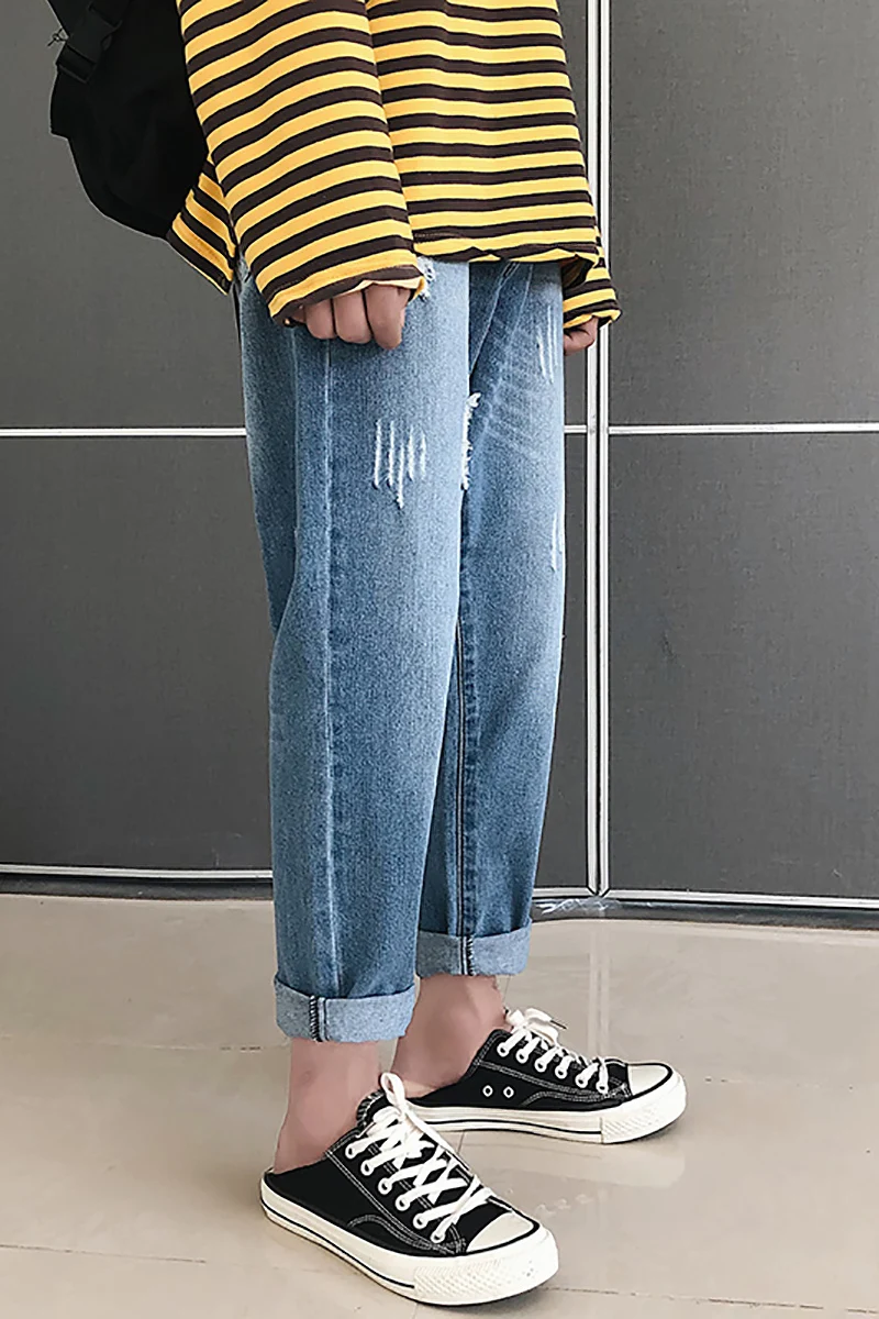 2019 new baggy homme men Holes summer blue Jeans big size Male Nine Part Directly Cuffless Trousers