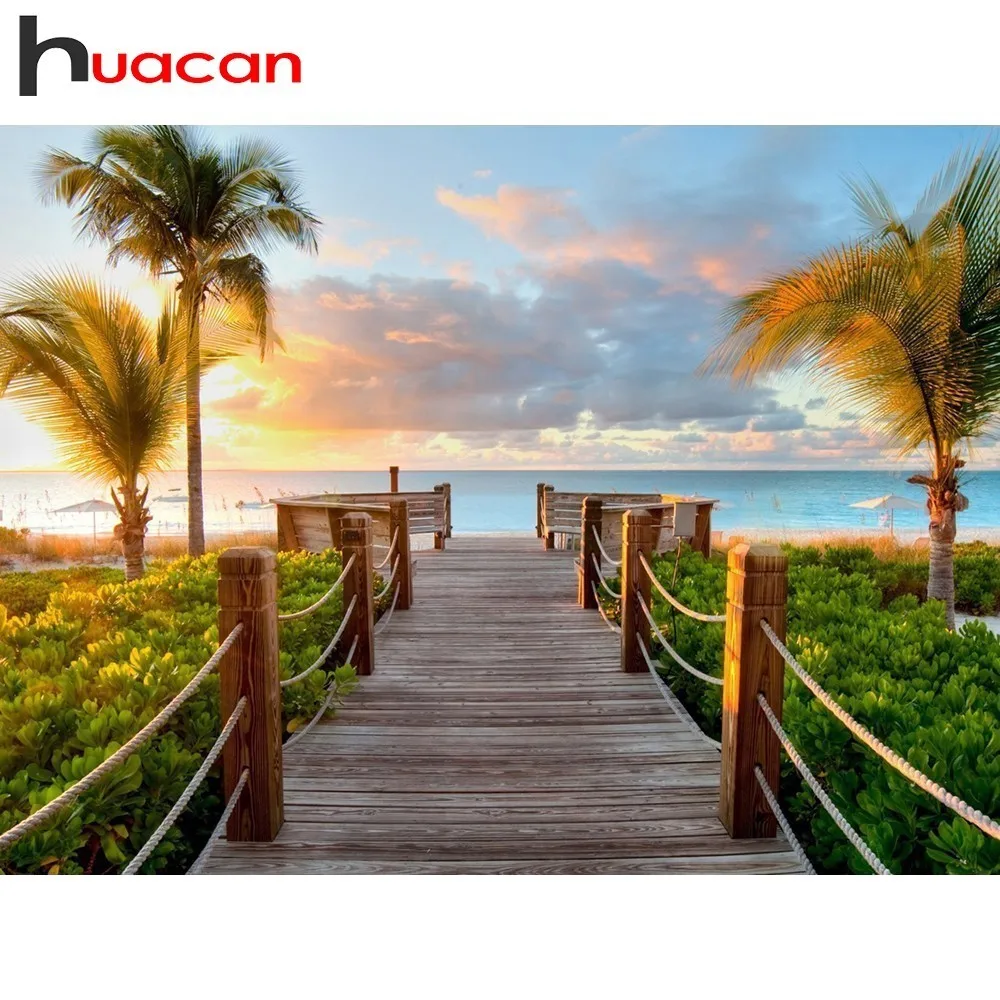 

Huacan Full Square Diamond Mosaic Countryside Picture Of Rhinestones DIY Diamond Painting Landscape Diamond Embroidery Seaside