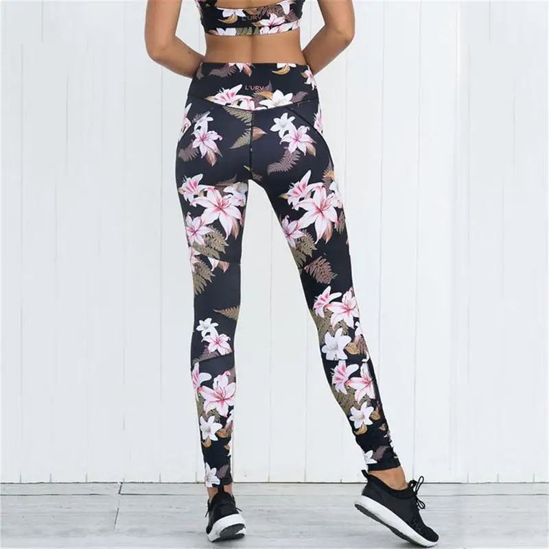 Breathable Floral Printed Patchwork Mesh Leggings Yoga