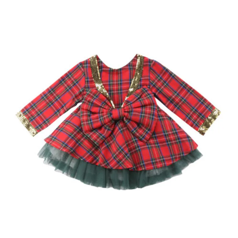 Toddler Kids Baby Girls Princess Party Holiday Bowknot Long Sleeve Plaid Tulle Tutu Skirt Autumn Spring Cotton Girl Clothes Set