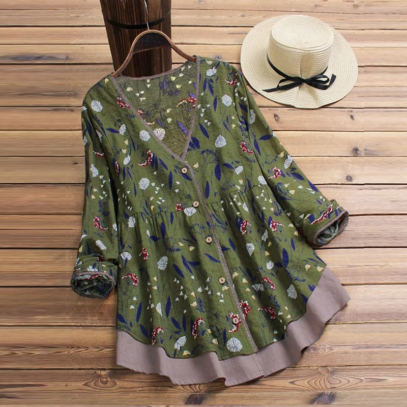 

Casual Women Floral Pullover Long Sleeve V-Neck Button Loose T-Shirt Swing Dress Tops Tunic Shirt Ladies Cotton Clothes M-XXXL