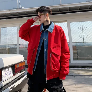 

#2969 Red/White/Black Stand Collar Windbreaker High Street Big Pockets Hip Hop Coat For Men Loose Embroidery Streetwear Jacket