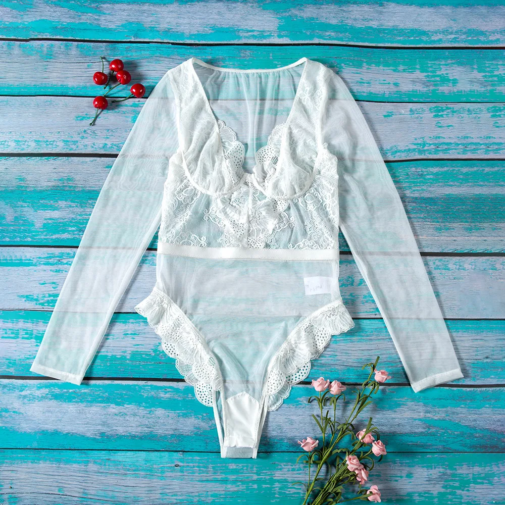 summer lace bodysuit long sleeve mesh women jumpsuit black Romper snap bottom button one piece body ladies