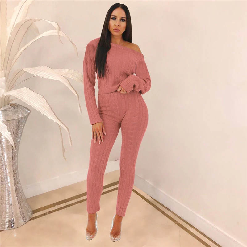 

Two Piece Sets Women Autumn Winter Warm Long Sleeve Knitted Suit Tops And Pencil Pants Bodycon Casual Sweat Suits Matching Sets