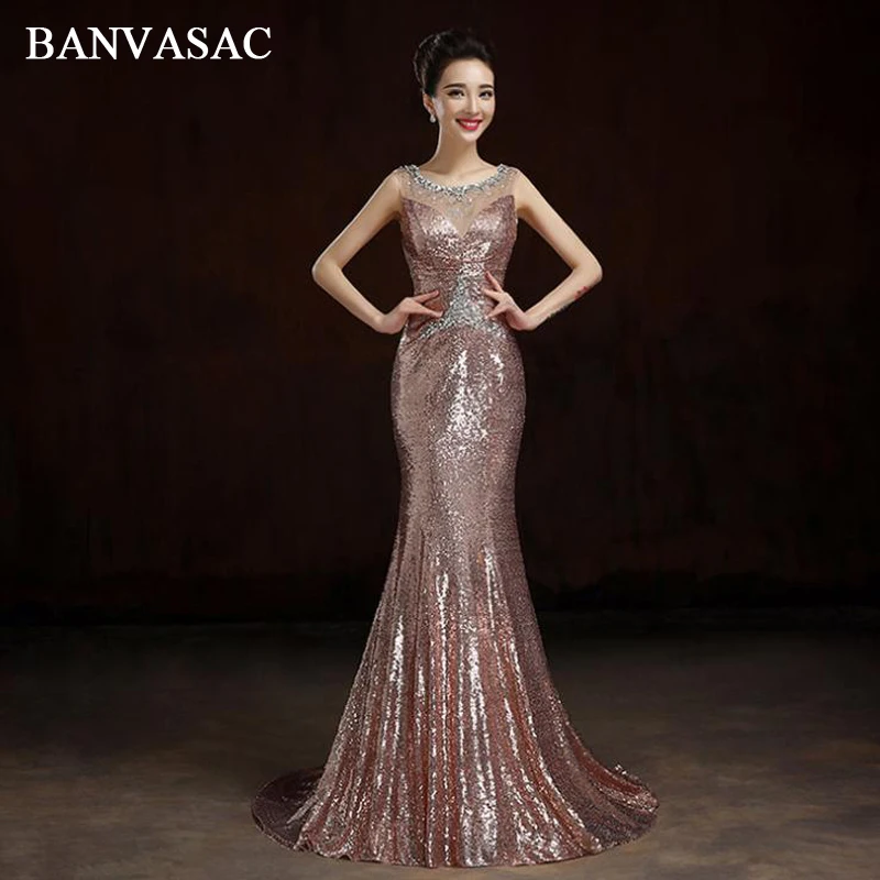 

BANVASAC Luxury Crystal O Neck Sequined Sweep Train Mermaid Long Evening Dresses Party Illusion Zipper Backless Prom Gowns