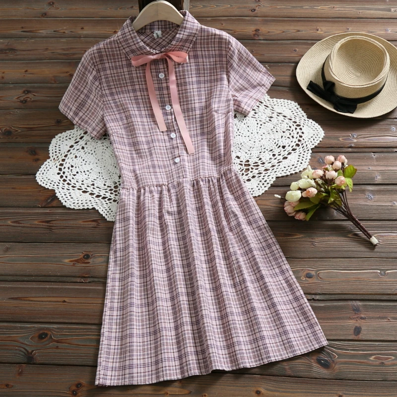 

New summer fashion cute sweet plaid dress 2019 women bow short sleeve mini dress