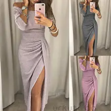 Модные женские туфли с открытыми плечами с коротким рукавом платья Bodycon высокий разрез стороны вечерние платье женские узкие Slash шеи Разделение платье Женский