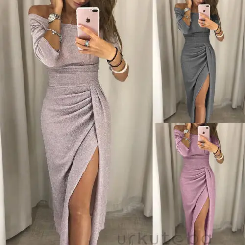 

Fashion Women Off Shoulder Half Sleeve Dresses Bodycon High Side Slit Party Dress Ladies Skinny Slash Neck Split Dress Female