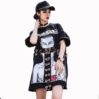 

#5501 Hip Hop T Shirt Women Punk Summer Round Neck Split Joint Short Sleeve T-shirt Harajuku Hollow Out Large Size Streetwear