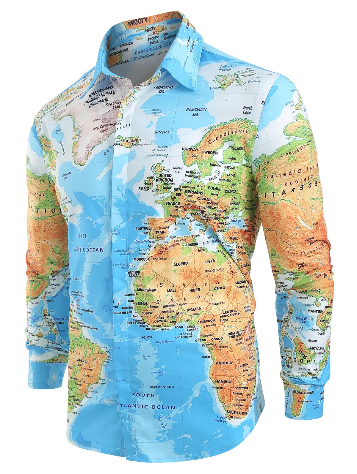 

Hemiks Men Shirt World Map Print Hidden Button Slim Fit shirts Long Sleeve Lapel Casual Shirts Men Dress Camisa Masculina