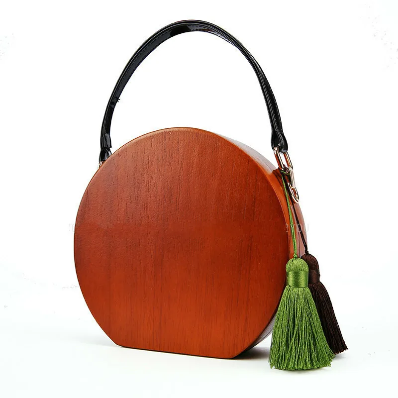 [Telastar] Round Wood Bag PU Leather Strap Vintage Wood Circular Totes Women Bags Handmade Round