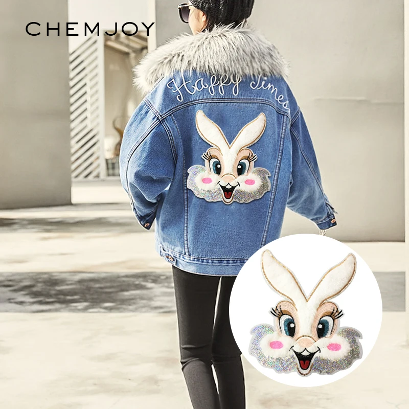 

Plush Rabbit Large Patches Sew on Clothes Stickers Embroidery Animal Appliques Sequins Patch for Jacket Clothing DIY Accessories