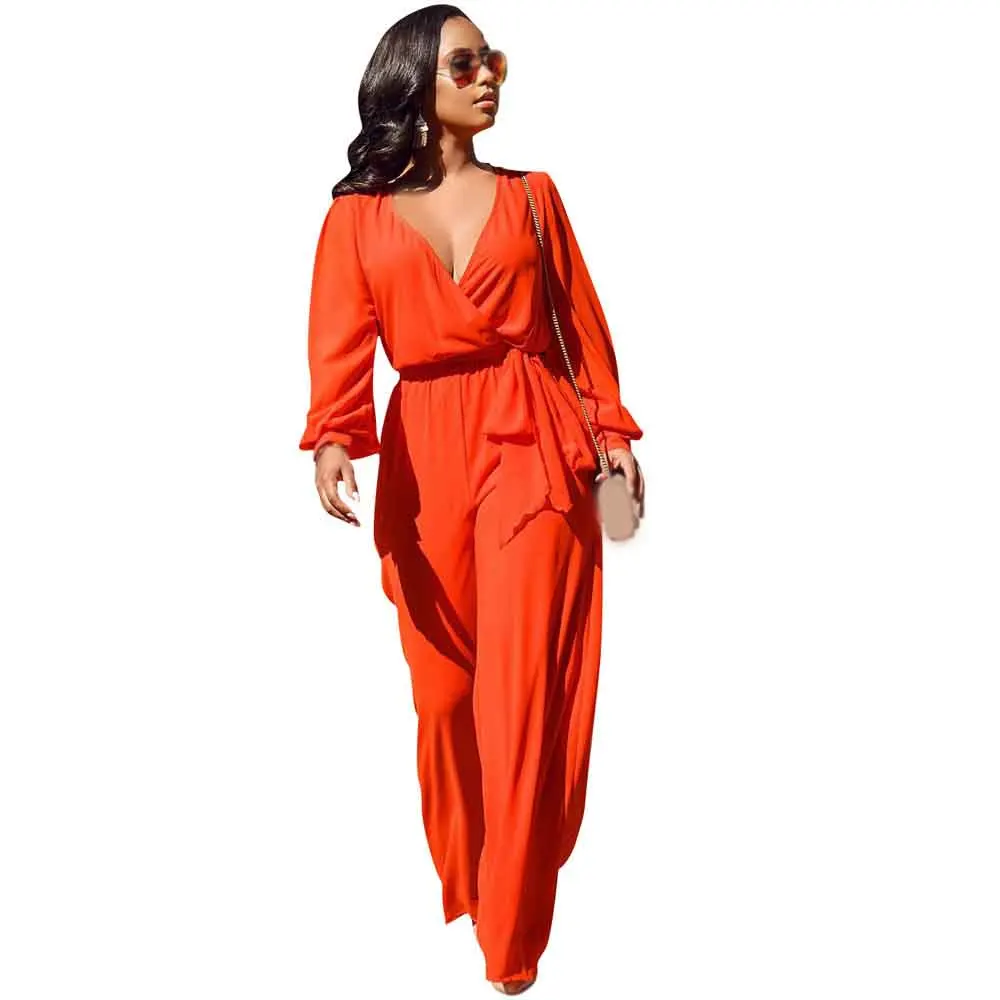 Summer Women Deep V Neck Jumpsuit Solid Long Sleeve Long Romper Loose Lace Up Sexy Jumpsuit Summer Women Deep V Neck Jumpsuit Solid Long Sleeve Long Romper Loose Lace Up Sexy Jumpsuit