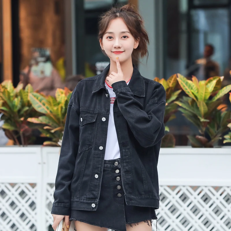 

Women Denim Jacket Black Loose Coat Casual Vintage Denim Female Outwear Solid Color Single Breasted Jacket Short Coat