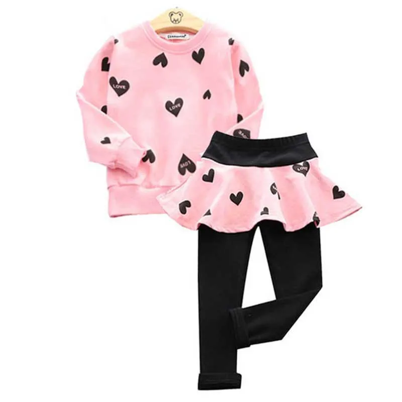 

Kids Baby Girls Clothing Sets Lovely Heart Printed Children Clothing Long Sleeve T Shirt Tops + Skirt Lenging Pant Set