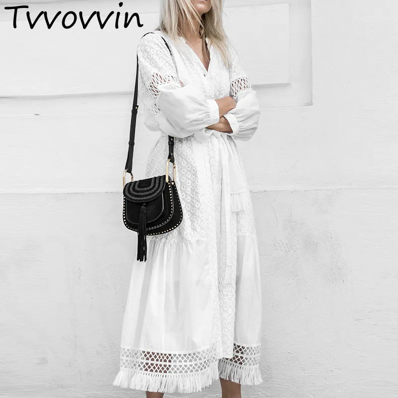 

TVVOVVIN Lace Beach Solid Color Cotton Bohemia Dress Female Spring New 2019 Europe Women Clothing E307