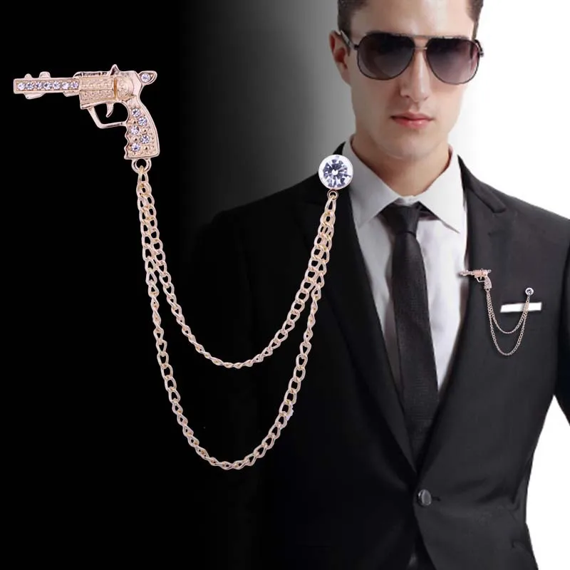 Fashion New Pistol Men Rhinestone Gold Brooch with Chain Tassel Gun