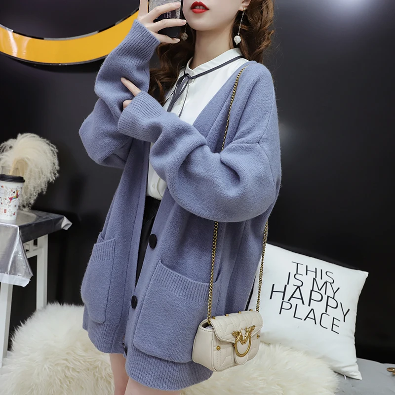 

PEONFLY Korean Women Loose Cardigans Coat Double Pocket Fashion Knitted Jacket Elegant Casual Solid Long Cardigan Soft Top