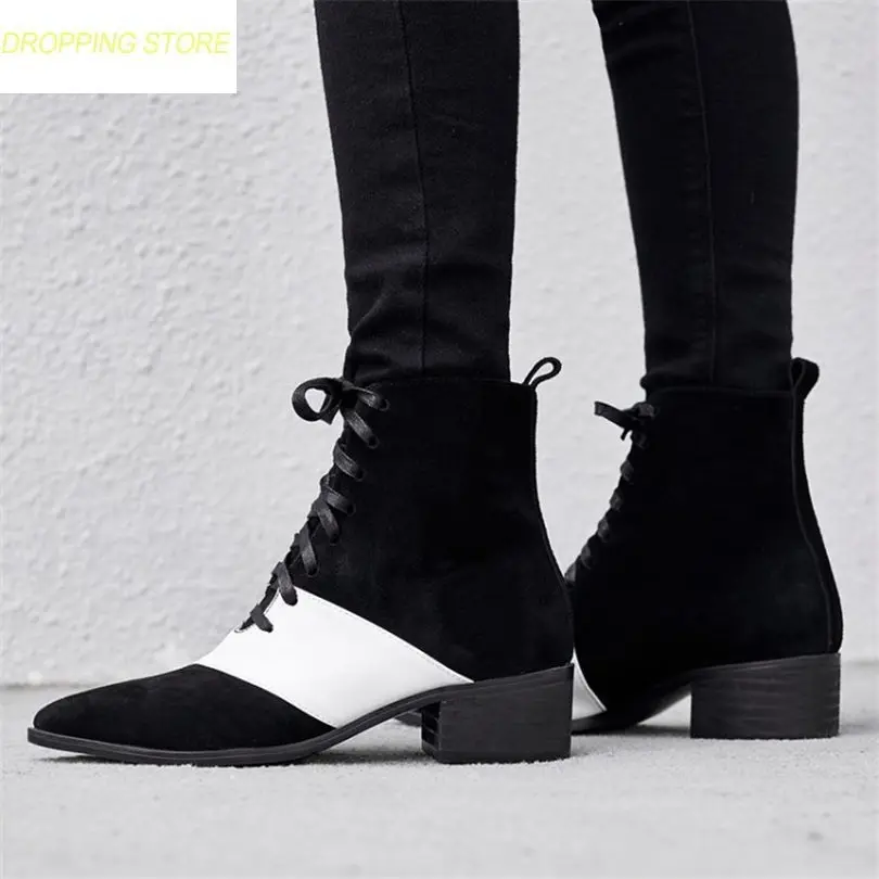 

Women Genuine Leather Riding Ankle Boots Winter Warm Pointed Toe Oxfords Shoes Casual Shoes Lace Up England Shoes