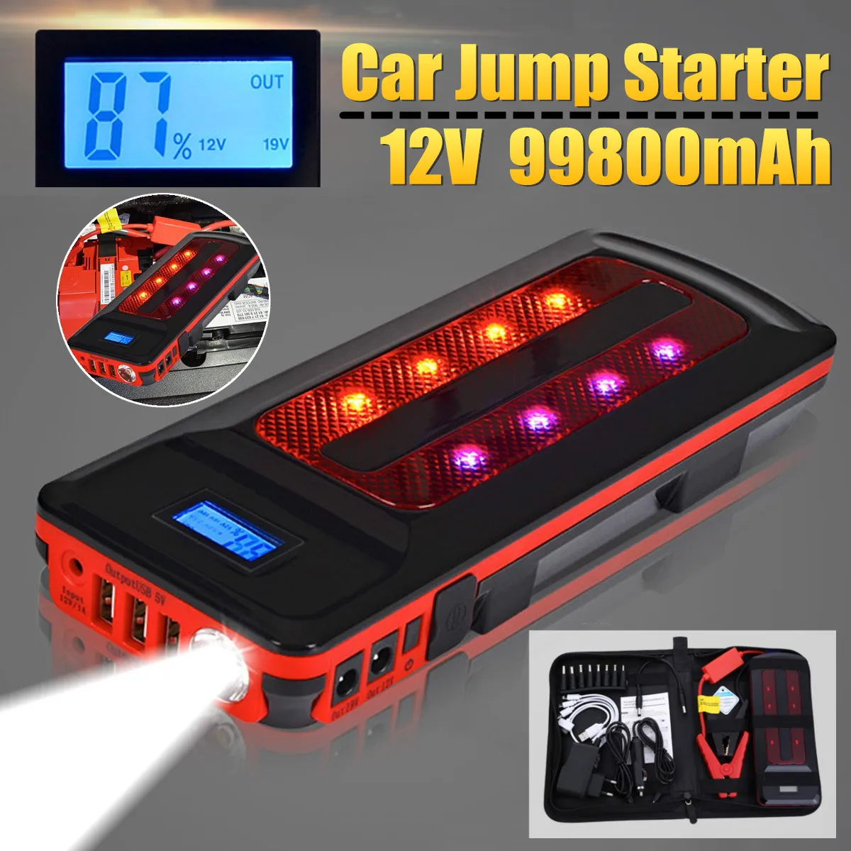 99800mAh 12V Portable Emergency Battery Charger Car Jump Starter Smart Clip Power Bank Starting Light Bar US/UK/AU/EU
