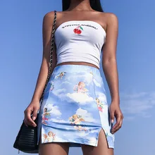 Для женщин Пикантные мини прямая юбка ангел узор Высокая талия эластичный женский низ посылка бедра Harajuku уличная летняя