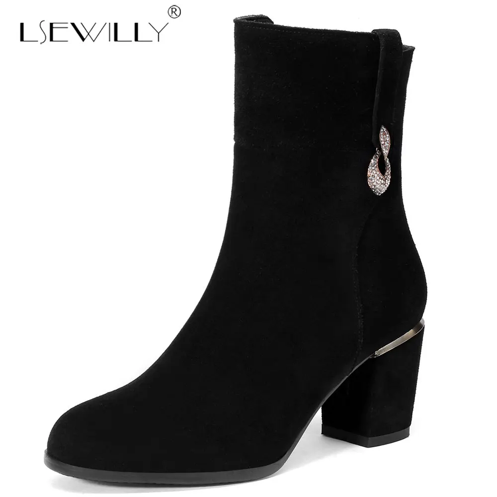 

Lsewilly Brand boots women cow suede round toe ankle boots zipper Rhinestone high heels boots fashion platform shoes woman E385