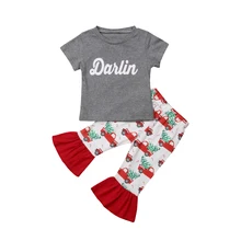 Рождественские топы для маленьких девочек, футболка с изображением машин, расклешенные длинные штаны, комплект из 2 шт., одежда, размер, От 1 до 4 лет