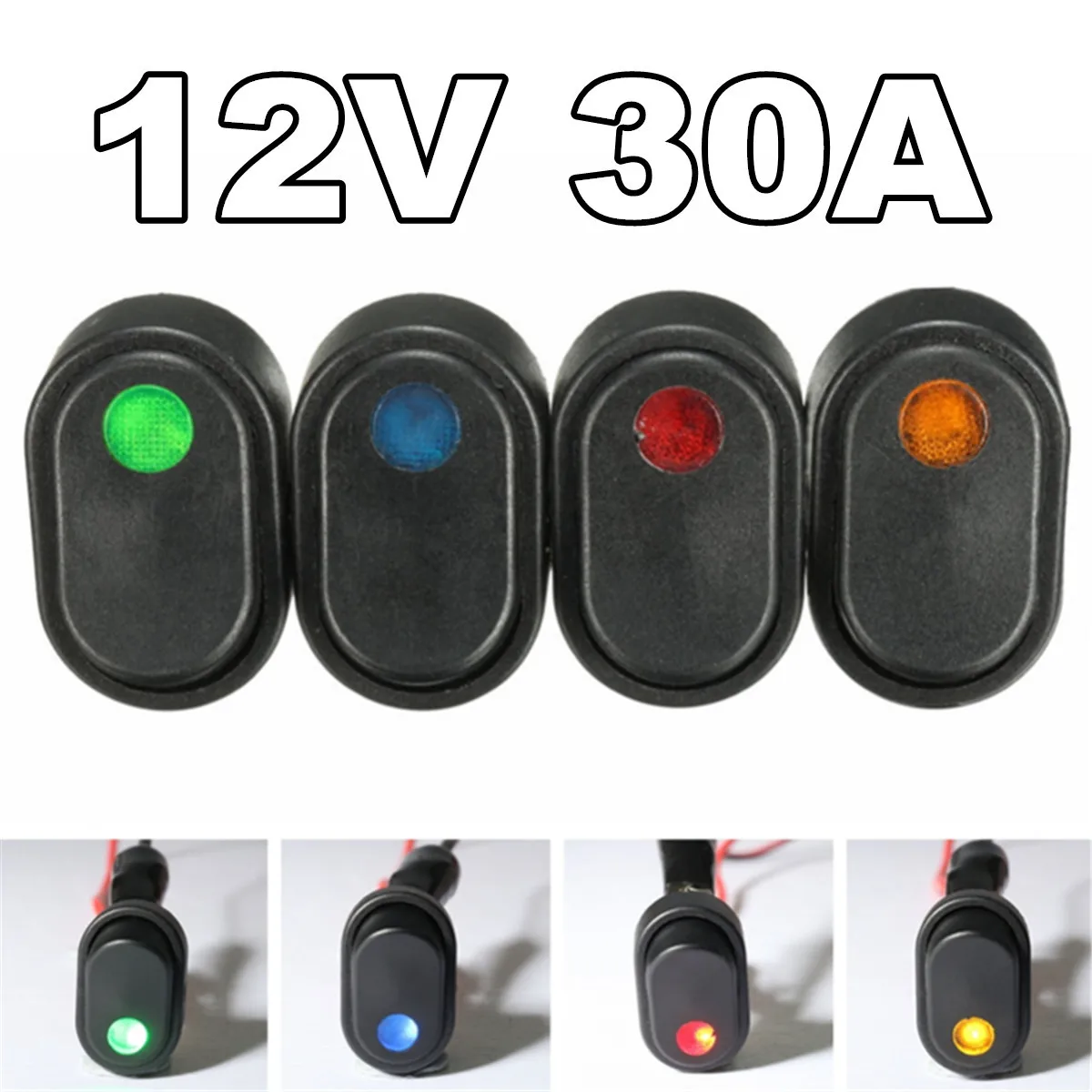 

1 PCS LED Light 12V 30Amp 30A Car Boat Auto Rocker SPST Toggle Switch Four LED Colors Green Yellow Blue Red