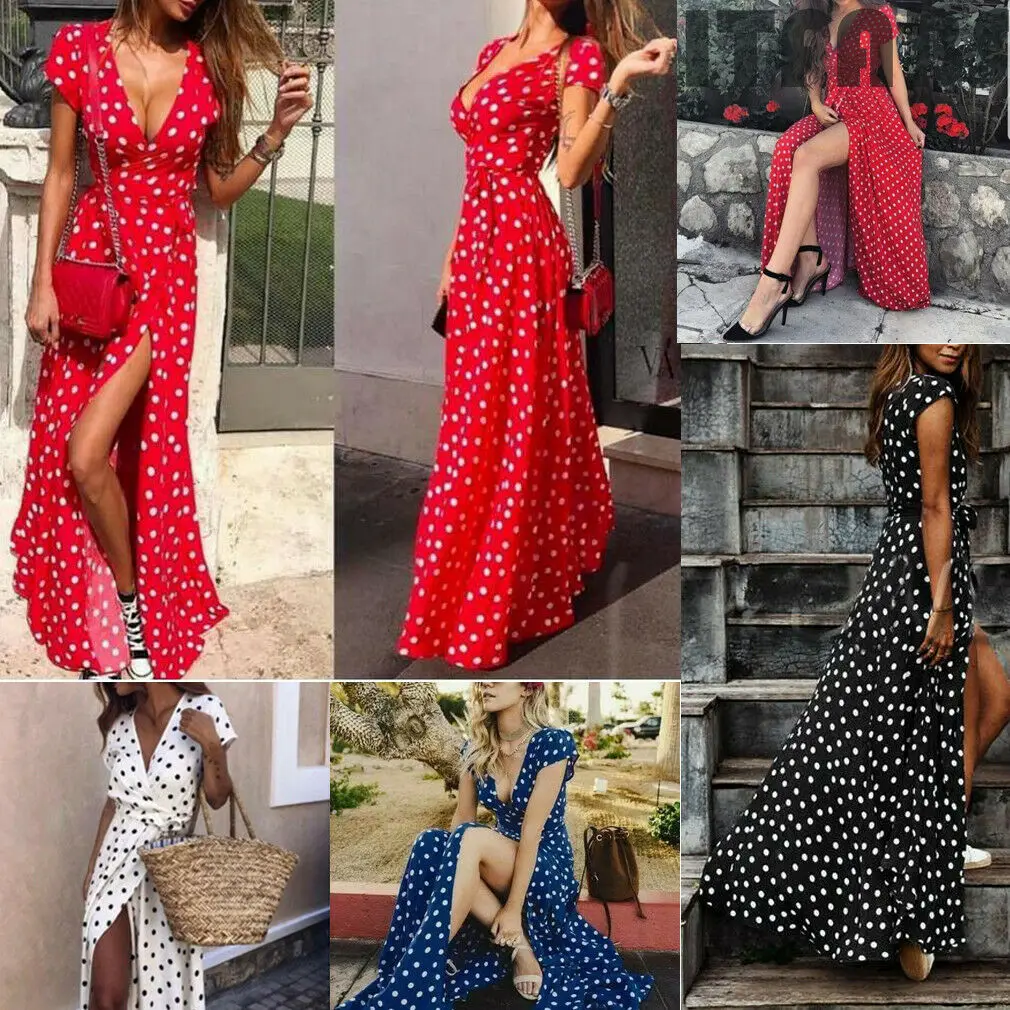 

2019 New Fashion Women Spring Summer Casual V-Neck Short Sleeve Dot Casual Loose Long Maxi Shirt Dress