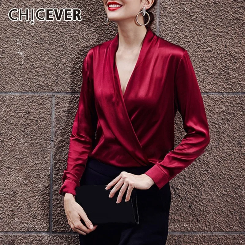 

CHICEVER Patchwork Solid Summer Blouse Womens V Neck Long Sleeve Slim Shirt Tops Female Big Size Fashion Elegant Clothing Ol
